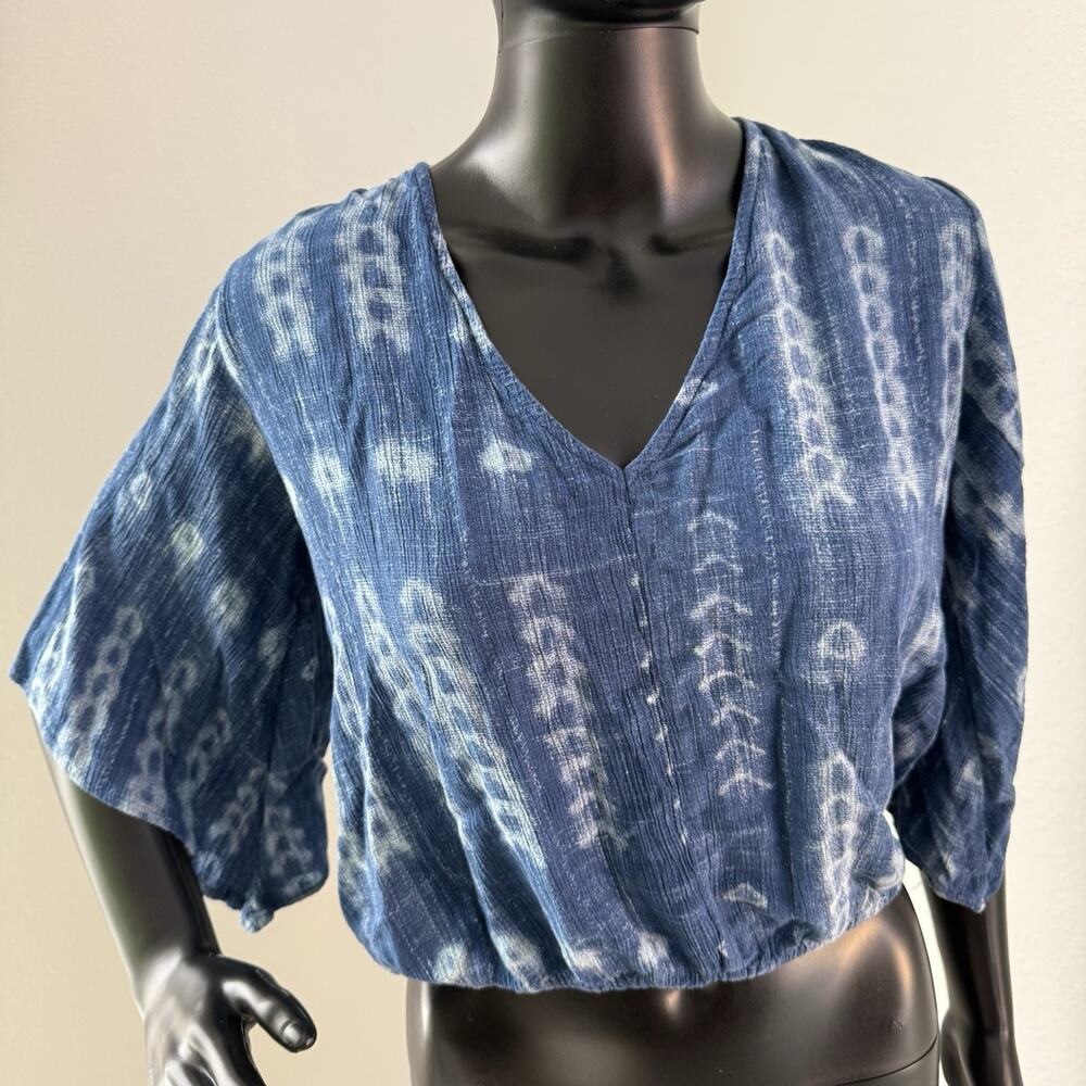 Lovestitch Blue Tie Dye V Neck Crop Top Tie Keyhole Open Back M Dolman Sleeve